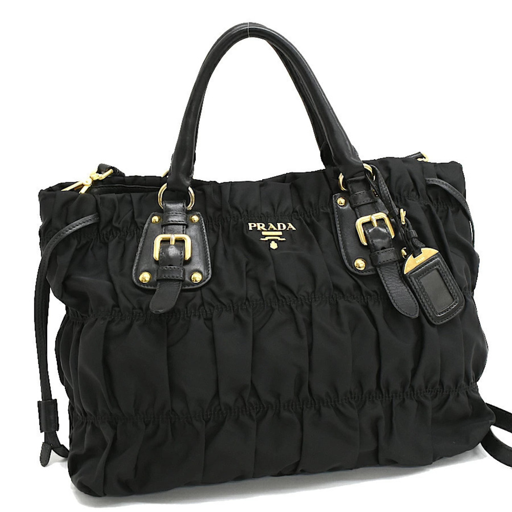 Prada Tote Tessuto Saffiano Bag Pleated Leather Black Drawstring Gathered